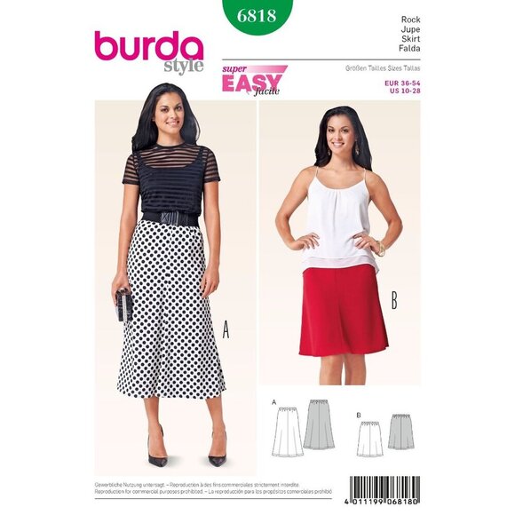Burda 6818 Sewing Pattern A-Line Skirt Sizes 10-28 Super Easy Stretch Fabric - Picture 1 of 2